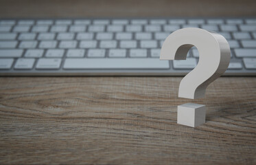 Question mark 3d icon on wooden table with computer keyboard, Business customer service and support...