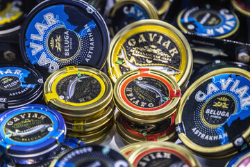 caviar of different varieties in tin cans. the common name of sturgeon ROE - obrazy, fototapety, plakaty