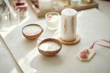 lights candles. Mental health, self care, No stress, healthy habit, mindfulness lifestyle, anxiety relief concept.