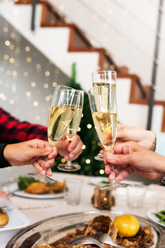 Close up of Christmas toasting with champagne. Happy family celebrating Christmas together. Vertical image.
