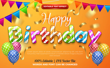 Happy birthday colorfull chrome editable effect style. orange background with colorfull balloons decoration