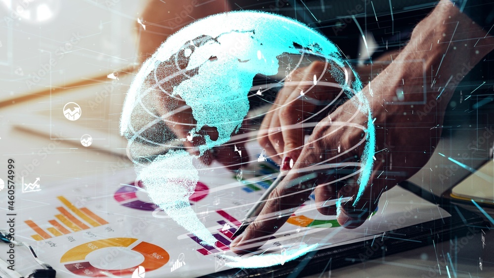 Poster conceptual business dashboard for financial data analysis . 3d render computer graphic .