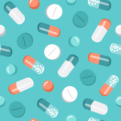 vector seamless pattern on the theme of pharmacy, drugstore, medicines, drugs, vitamins. various tablets and pills on blue background. trend illustration in flat style