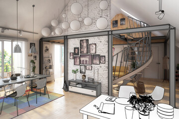 Attic Loft Conversion With Spiral Staircase & Decoration (illustration) - 3d visualization