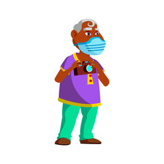 Old Man Wearing Facial Mask On Excursion Vector. Indian Elderly Grandfather Wear Medical Protective Facial Mask And Holding Photo Camera For Photographing Monument. Character Flat Cartoon Illustration