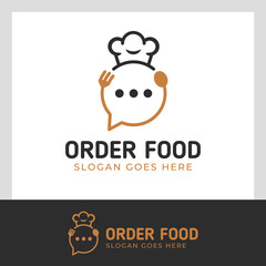 Online food order logo with bubble chat icon vector and hat chef concept design for catering logo template