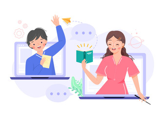 Online learning or distance education, e-learning concepts. Boy students holding paper studying happily via app. with teacher teaching on laptop.Tutorials, software for learning. Education vlog.