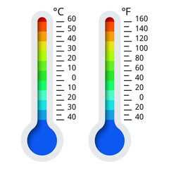 Thermometers Celsius and Fahrenheit, with scale of different colors from blue to red. Flat thermometer on white background. Vector illustration.