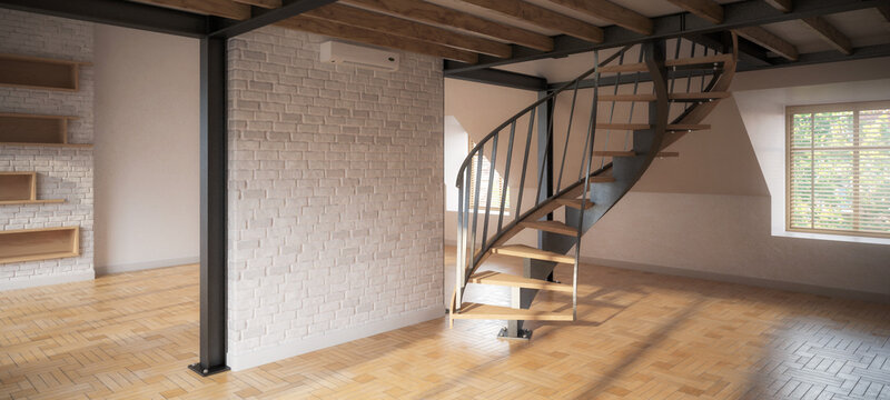 Empty Attic Loft Conversion With Living Room & Kitchen - panoramic 3d visualization