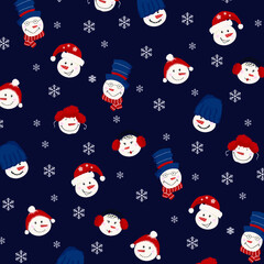 Funny Christmas pattern with snowmans on dark blue backgraund.