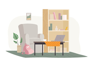 Vector illustration of cozy home workplace, room with table, coffee cup, laptop and chair. Flat cartoon style.