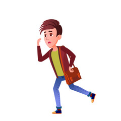 Teen Boy Late And Running At School Lesson Vector. Disappointed Caucasian Teenager With Bag Hurry Running At College Lecture. Worried Character Student Guy Flat Cartoon Illustration