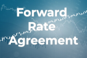 Financial term FRA - Forward Rate Agreement on blue finance background from graphs, charts. Trend Up and Down. 3D render
