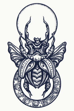 Esoteric insects. Stag beetle and sun. Old school tattoo vector art. Hand drawn cartoon character set. Isolated on white. Traditional tattooing style