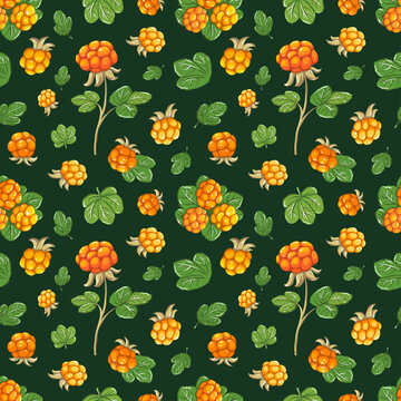 Cloudberry seamless pattern. Northern berries on a dark background. Wild orange berry and green leaves. .