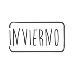 Banner con texto manuscrito Invierno en español en cuadrado con lineas en color gris