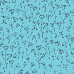Seamless pattern with hand drawn meadow flowers in Ditsy style. Outlined illustrations on blue background for surface design and other design projects
