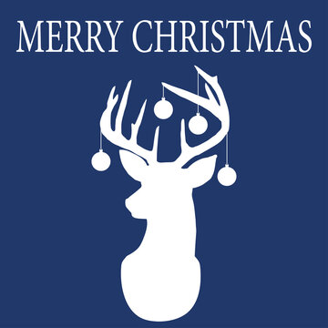 Banner con frase Merry Christmas con silueta de cabeza de rena con bolas de navidad de adorno en fondo azul