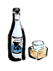 日本酒とコップの升酒の手描き筆書き和風イラスト