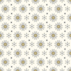 Seamless pattern with black and gold snowflakes on background. Festive winter traditional decoration for New Year, Christmas, holiday and design. Ornament of simple line repeat snow flake