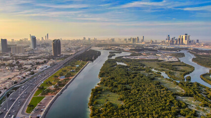 Aerial panorama view of Abu Dhabi waterfront. The United Arab Emirates