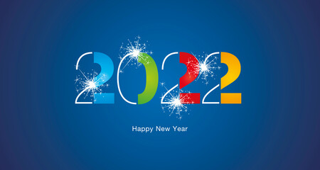 2022 Happy New Year modern cut of black light typography sparkle firework colorful white blue vector greeting card