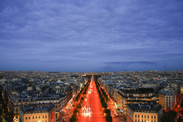 Night View of Champs Elysees from arc de triomphe, Paris. 