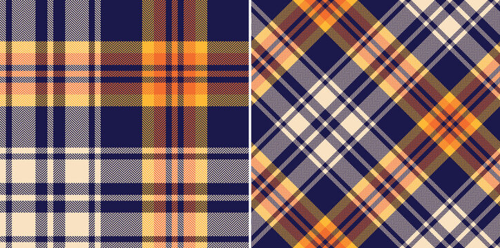 Plaid pattern for autumn in navy blue, orange, yellow, beige. Seamless herringbone multicolored dark bright tartan check plaid for flannel shirt, blanket, duvet cover, other modern textile print.