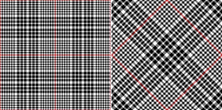 Tartan plaid pattern tweed in black, red, white. Herringbone textured seamless modern check background for jacket, coat, skirt, trousers, scarf, other spring autumn winter fashion fabric design.