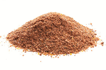 Pile of Nutmeg powder isolated on white background.