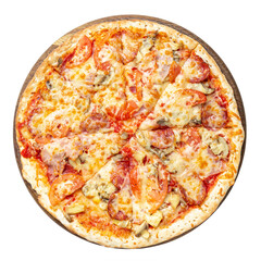 Delicious pizza served on wooden plate isolated on white background. Pizzeria menu. Concept poster for Restaurants or pizzerias.