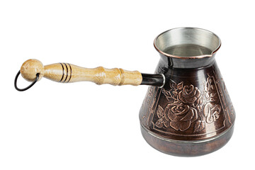 Turkish coffee pot. Ibrik - small copper coffee pot isolated on white background.