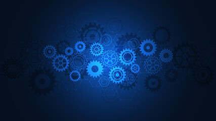 Cogs and gear wheel mechanisms. Concepts and ideas for hi-tech digital technology and engineering design. Abstract technical background of mechanical engineering