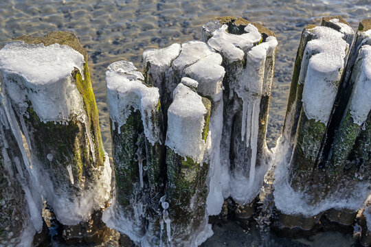 Weathered wooden groynes with ice on the beach of the Baltic Sea coast in northern Germany, selected focus
