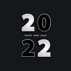 Happy new year 2022. Festive black background with silver numbers 3D. Vector illustration in realistic style. Holiday banner. Luxury design poster, cover, wallpaper. Stock.