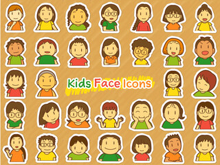 子どもたちの顔アイコン32人（カラフル・ステッカー風）
