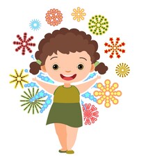 Child with salute. Little girl. In green clothes. Fireworks at birthday party. Kid is jumping for joy at party. Charming active cute character kid. Birthday. Cartoon style. Isolated. Vector