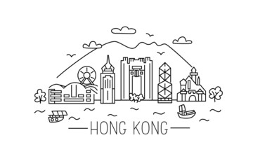 Hong Kong lineart illustration. Hong Kong line drawing. Modern style Hong Kong city illustration. Hand sketched poster, banner, postcard, card template for travel company, T-shirt, shirt. Vector EPS