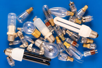 A variety of lighting bulb. Retro incandescent, halogen and mercury