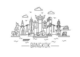 Bangkok lineart illustration. Bangkok line drawing. Modern style Bangkok city illustration. Hand sketched poster, banner, postcard, card template for travel company, T-shirt, shirt. Vector EPS 10