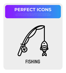 Fishing rod with fish on hook thin line icon. Modern vector illustration.