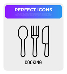 Cutlery set thin line icon. Fork, knife, spoon. Cooking. Modern vector illustration.