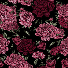 Nahtlose Vektormusterillustration mit Blumen, Blättern und Knospen von rosa und weinroten Pfingstrosen auf dunklem Hintergrund