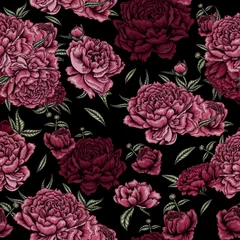 Foto op Plexiglas Bordeaux Naadloze patroon vectorillustratie met bloemen, bladeren en knoppen van roze en bordeauxrode pioenrozen op een donkere achtergrond