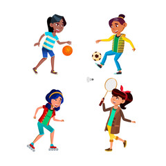 School Girls Playing Sport Game Active Set Vector. School Girls Playing Basketball And Soccer, Riding Rollers And Play Badminton. Characters Sportive Activity Flat Cartoon Illustrations