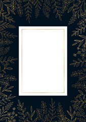 花のデザインフレーム　線画のイラスト　ネイビーの背景にゴールド