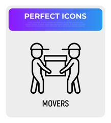 Two movers are holding the box. Thin line icon. Modern vector illustration of delivery service, moving service.