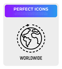 Worldwide shipping thin line icon, globe with arrow. Modern vector illustration for delivery service or logistic company.
