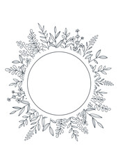 花のデザインフレーム　線画のイラスト　白の背景にネイビー