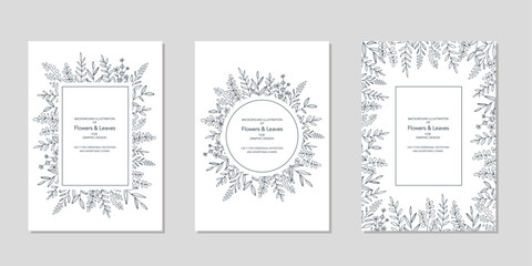 花のデザインフレームのセット　線画のイラスト　白の背景にネイビー